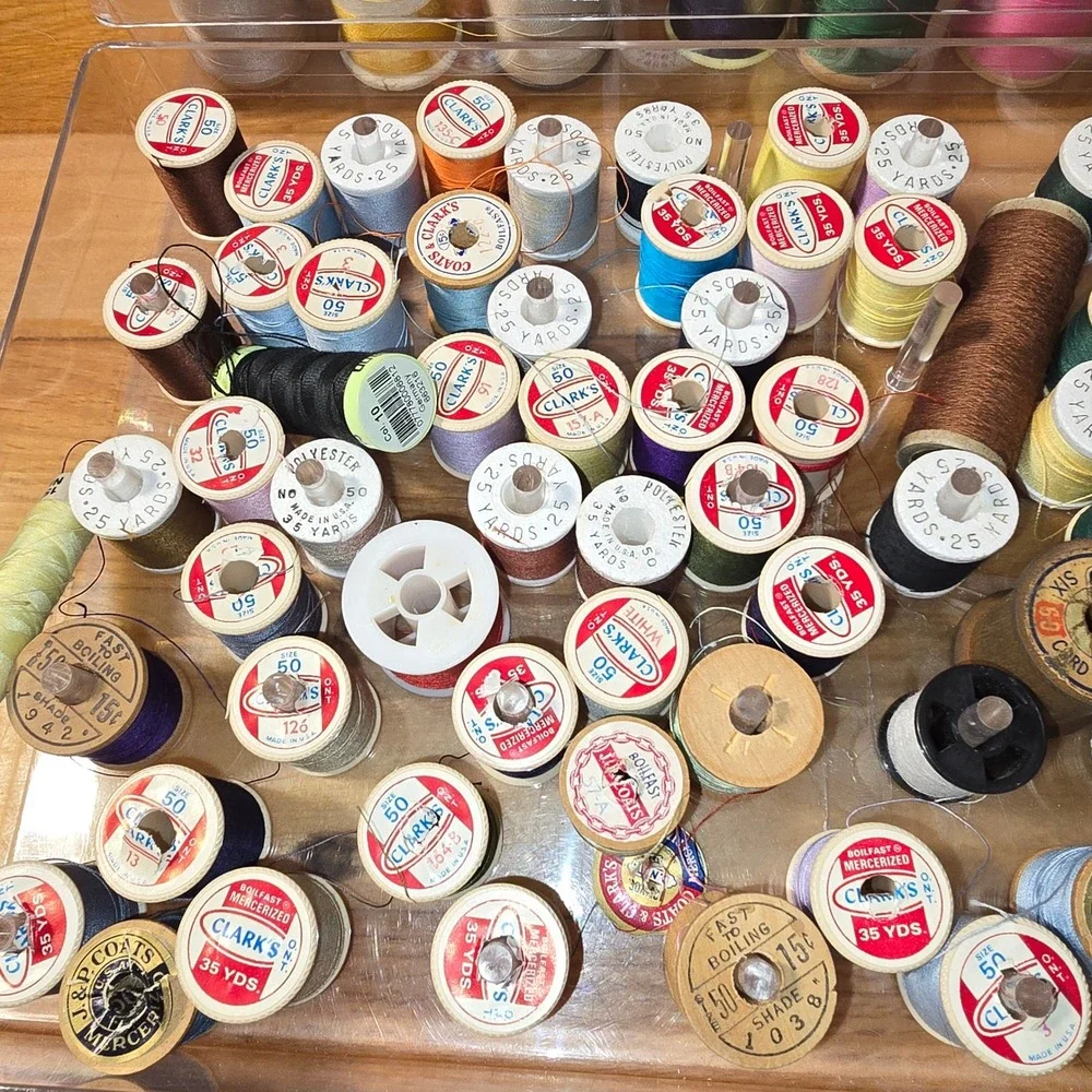 Vintage Sewing Thread Lot Wooden Plastic Spools Coats Clark Talon Lily 2 Cases